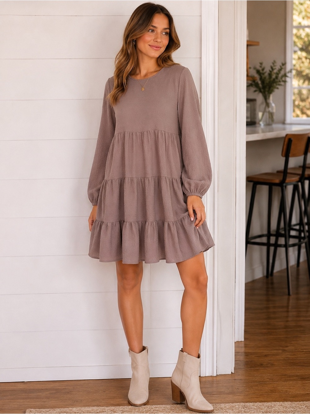 REVERIE Mocha Brown Crinkle Textured Tiered Babydoll Mini Dress S